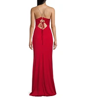 Midnight Doll Satin V-Neck Rhinestone Tie Back Long Dress