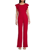 Midnight Doll Scuba Crepe Boat Neck Flutter Flare Leg Jumpsuit