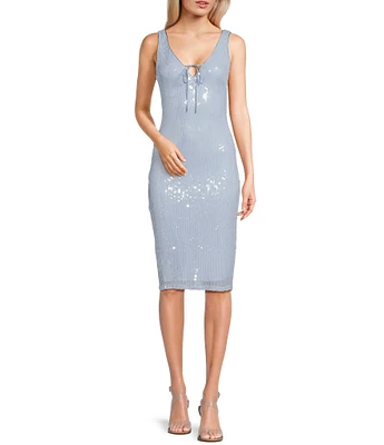 Midnight Doll Sequin Embellished V-Neck Tie Accent Knee Length Dress