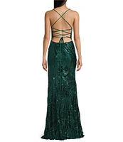 Midnight Doll Sequin Lace-Up Back Front Slit Long Dress