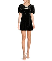 Midnight Doll Short Sleeve Allover Pearl Detail Stretch Velvet Dress