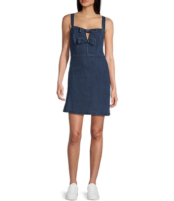 Midnight Doll Sleeveless A-Line Bow Bodice Detail Denim Dress