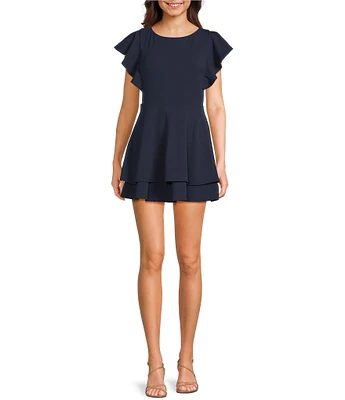 Midnight Doll Solid Scuba Crepe Short Sleeve Boat Neck Bow Back Double Ruffle Dress