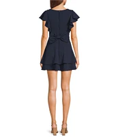 Midnight Doll Solid Scuba Crepe Short Sleeve Boat Neck Bow Back Double Ruffle Dress