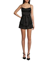 Midnight Doll Spaghetti Strap Drape Front Bodice Tiered Bottom Romper