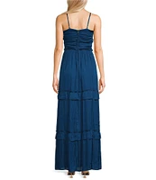 Midnight Doll Spaghetti Strap Sweetheart Tier Ruffle Crushed Satin Maxi Dress