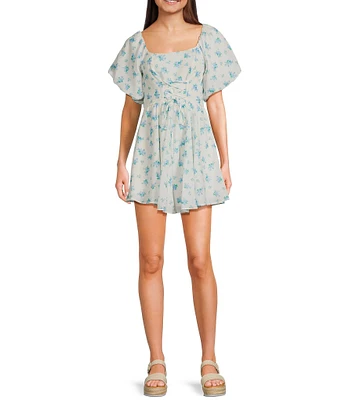 Midnight Doll Square Neck Short Bubble Sleeve Tie Front Skater Dress