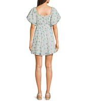 Midnight Doll Square Neck Short Bubble Sleeve Tie Front Skater Dress