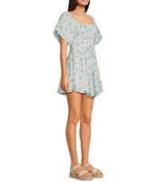 Midnight Doll Square Neck Short Bubble Sleeve Tie Front Skater Dress