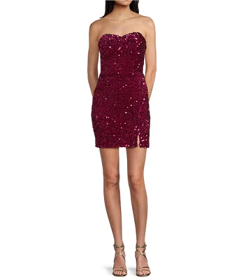 Midnight Doll Strapless Sweetheart Neck Velvet Sequin Removeable Semi-Bodycon Dress