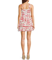 Midnight Doll Strawberry Print Tie Shoulder Smocked Bodice Tiered Dress
