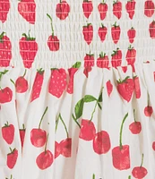 Midnight Doll Strawberry Print Tie Shoulder Smocked Bodice Tiered Dress