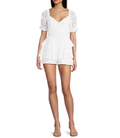 Midnight Doll Sweetheart Neck Short Puff Sleeve Tiered Lace Romper