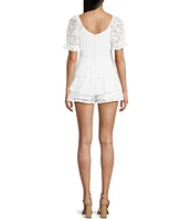 Midnight Doll Sweetheart Neck Short Puff Sleeve Tiered Lace Romper