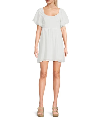 Midnight Doll Textured Check Puff Sleeve With Bow Back Detail Short Dress