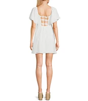 Midnight Doll Textured Check Puff Sleeve With Bow Back Detail Short Dress