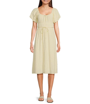 Midnight Doll Textured Woven Scoop Neck Puff Sleeve Midi Dress