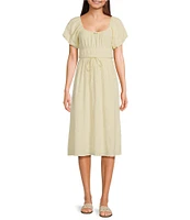 Midnight Doll Textured Woven Scoop Neck Puff Sleeve Midi Dress