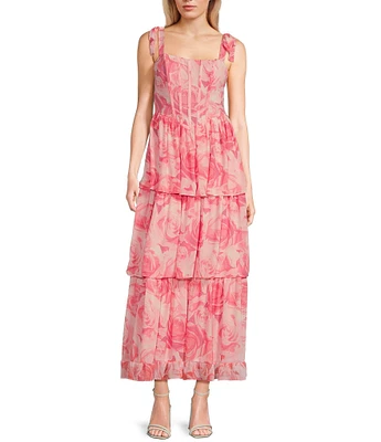 Midnight Doll Tie Sleeve Printed Carefree Corset Detail Tiered Maxi Dress