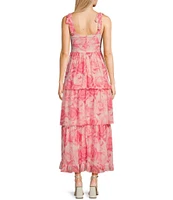 Midnight Doll Tie Sleeve Printed Carefree Corset Detail Tiered Maxi Dress