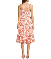 Midnight Doll Tropical Print Tie Strap Smocked Bodice Midi Dress