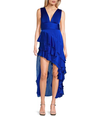 Midnight Doll V-Neck Asymmetric Ruffle Dress