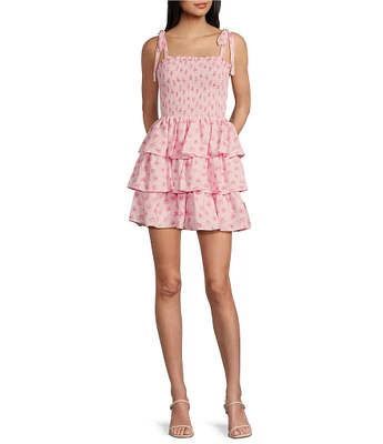 Midnight Doll Wool Dobby Print Square Neck Spaghetti Strap Tie Strap Tiered Dress