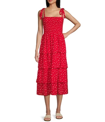 Midnight Doll Wool Doddy Print Square Neck Tie Strap Tiered Midi Dress