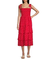 Midnight Doll Wool Doddy Print Square Neck Tie Strap Tiered Midi Dress