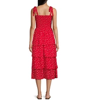 Midnight Doll Wool Doddy Print Square Neck Tie Strap Tiered Midi Dress