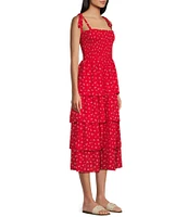 Midnight Doll Wool Doddy Print Square Neck Tie Strap Tiered Midi Dress