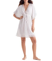 Mimi Flamingo Bliss Gauze Horizon Solid V-Neck Short Sleeve Lace Trim Tunic Swim Cover-Up