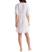 Mimi Flamingo Bliss Gauze Horizon Solid V-Neck Short Sleeve Lace Trim Tunic Swim Cover-Up
