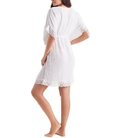 Mimi Flamingo Bliss Gauze Horizon Solid V-Neck Short Sleeve Lace Trim Tunic Swim Cover-Up