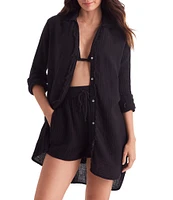 Mimi Flamingo Bliss Gauze Laguna Solid Point Collar Roll-Tab Sleeves Button Front Swim Cover-Up Shirt