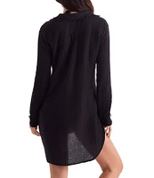 Mimi Flamingo Bliss Gauze Laguna Solid Point Collar Roll-Tab Sleeves Button Front Swim Cover-Up Shirt