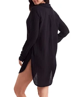 Mimi Flamingo Bliss Gauze Laguna Solid Point Collar Roll-Tab Sleeves Button Front Swim Cover-Up Shirt
