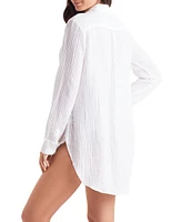 Mimi Flamingo Bliss Gauze Laguna Solid Point Collar Roll-Tab Sleeves Button Front Swim Cover-Up Shirt
