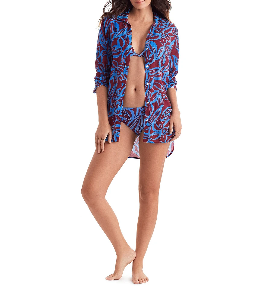 Mimi Flamingo Oasis Laguna Gauze Woven Point Collar Button Front Shirt Swim Cover-Up