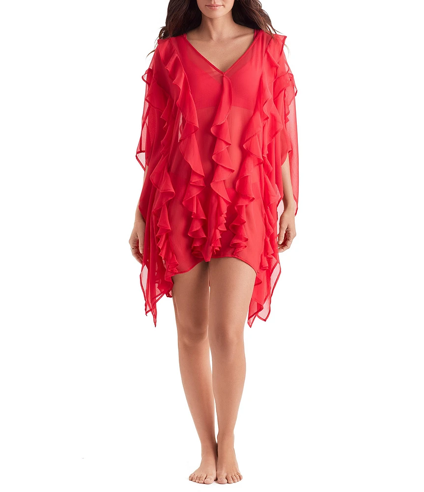 Mimi Flamingo Paradise Chiffon Breeze V-Neck Flutter Sleeves Ruffle Poncho Swim Cover-Up