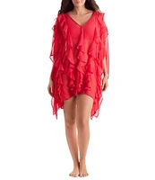 Mimi Flamingo Paradise Chiffon Breeze V-Neck Flutter Sleeves Ruffle Poncho Swim Cover-Up