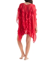 Mimi Flamingo Paradise Chiffon Breeze V-Neck Flutter Sleeves Ruffle Poncho Swim Cover-Up