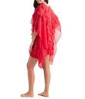 Mimi Flamingo Paradise Chiffon Breeze V-Neck Flutter Sleeves Ruffle Poncho Swim Cover-Up