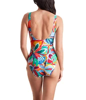 Mimi Flamingo Radiant Floral Charlie V-Neck Open Back Shirred One Piece Swimsuit