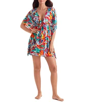 Mimi Flamingo Radiant Floral Dune V-Neck Short Sleeves Mini Caftan Swim Cover-Up