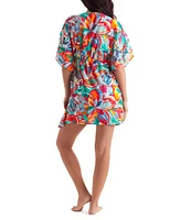 Mimi Flamingo Radiant Floral Dune V-Neck Short Sleeves Mini Caftan Swim Cover-Up