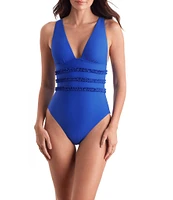 Mimi Flamingo Soleil Solids Sonny V-Neck Wide Strap Ruffle Trim One-Piece Swimsuit