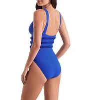 Mimi Flamingo Soleil Solids Sonny V-Neck Wide Strap Ruffle Trim One-Piece Swimsuit
