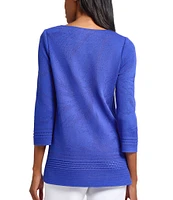Ming Wang Burnout Floral Knit Boat Neck Bracelet Sleeve Tunic
