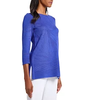 Ming Wang Burnout Floral Knit Boat Neck Bracelet Sleeve Tunic